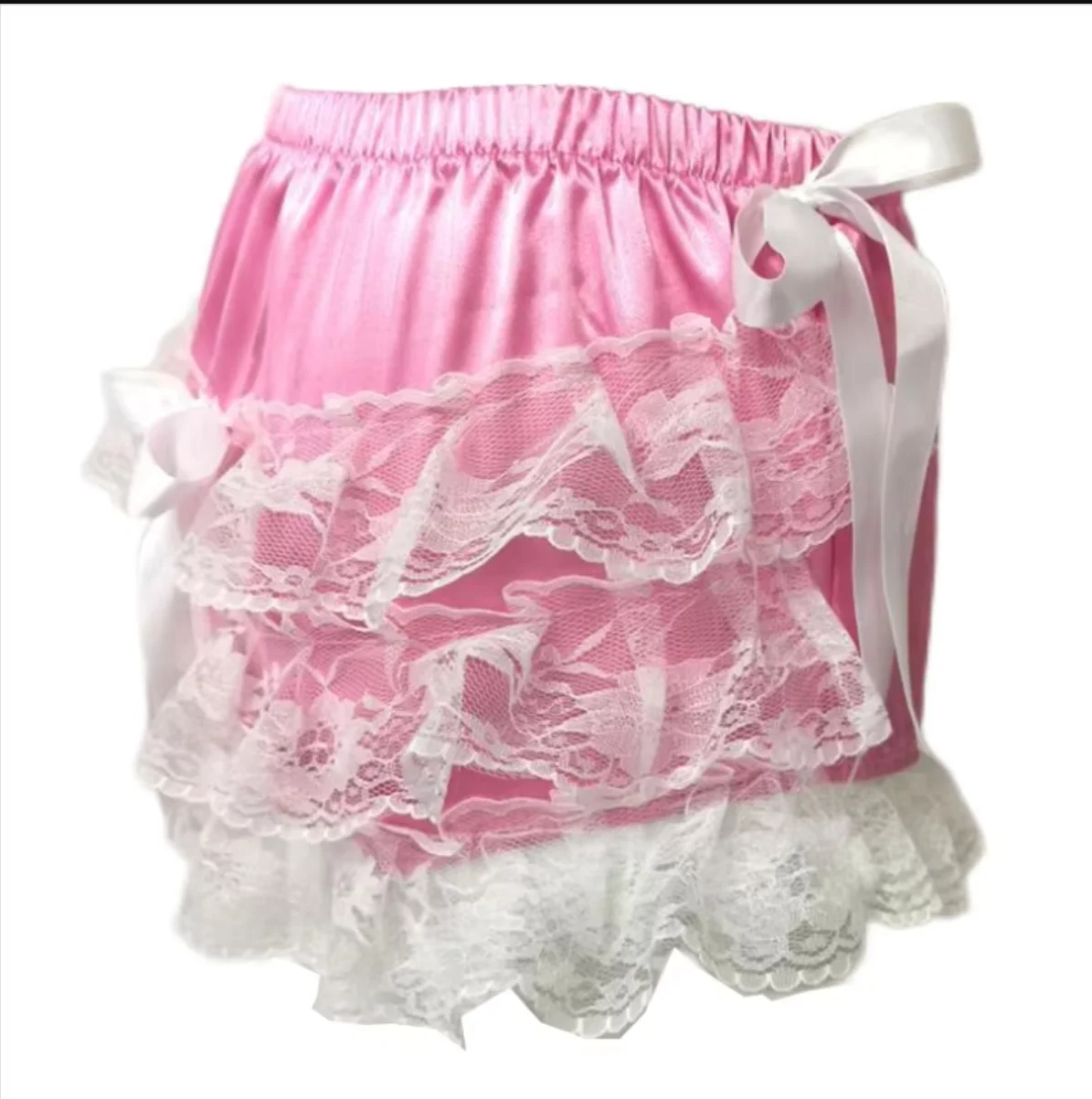 

French Sexy Adult Custom Fetish Cross Dressing Sissy Elastic Waist Bow Embellishment Lace Inlaid Shorts