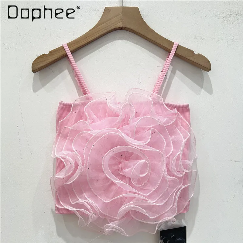 

Sweet 3D Floral Mesh Sling Tops Women Solid Color Backless Personality Spaghetti Strap Chic Korean Fashion 2024 Summer New Pink