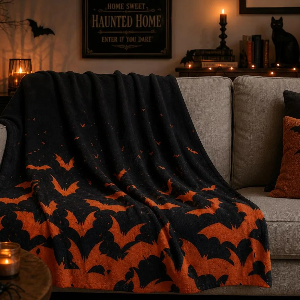 Halloween Throw Blanket Fleece Black Background Gradient Orange Bat Print Soft Sofa Bed Holiday Home Decor Blanket