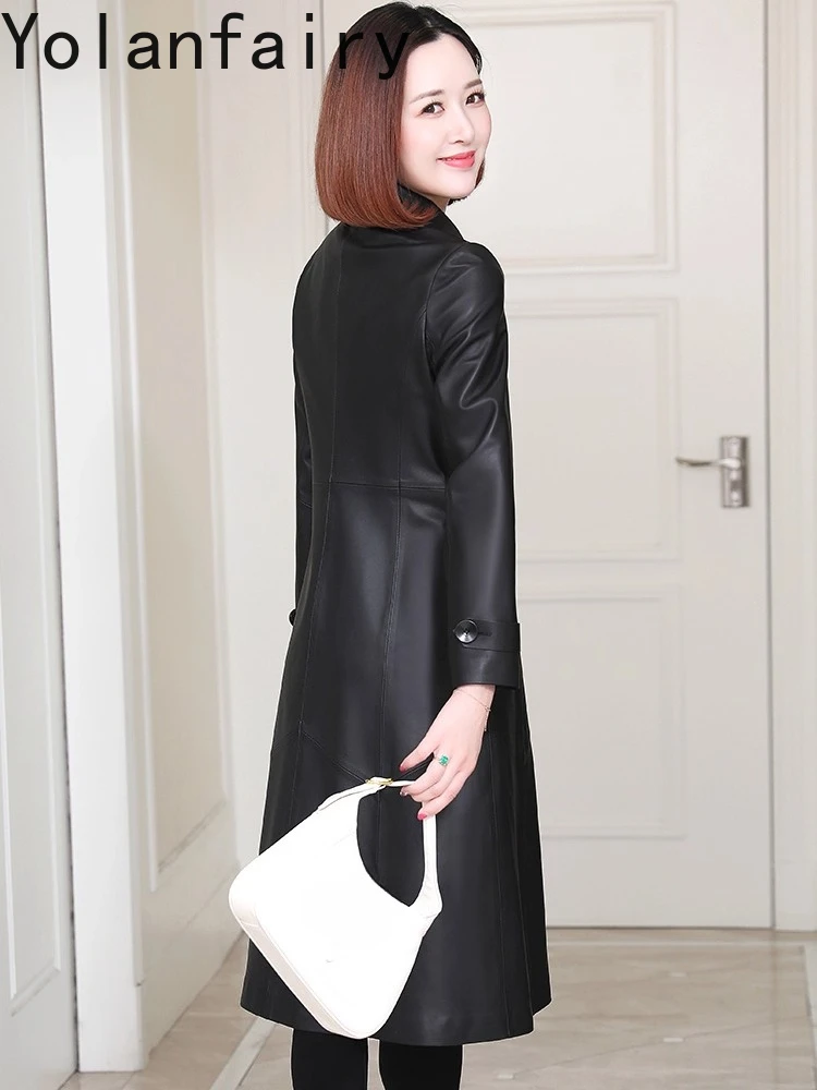 YOLANFAIRY سترة جلدية أصلية للنساء للخريف متوسطة الطول من جلد الغنم الحقيقي معطف واق من المطر موضة كورية ملابس خارجية ضيقة