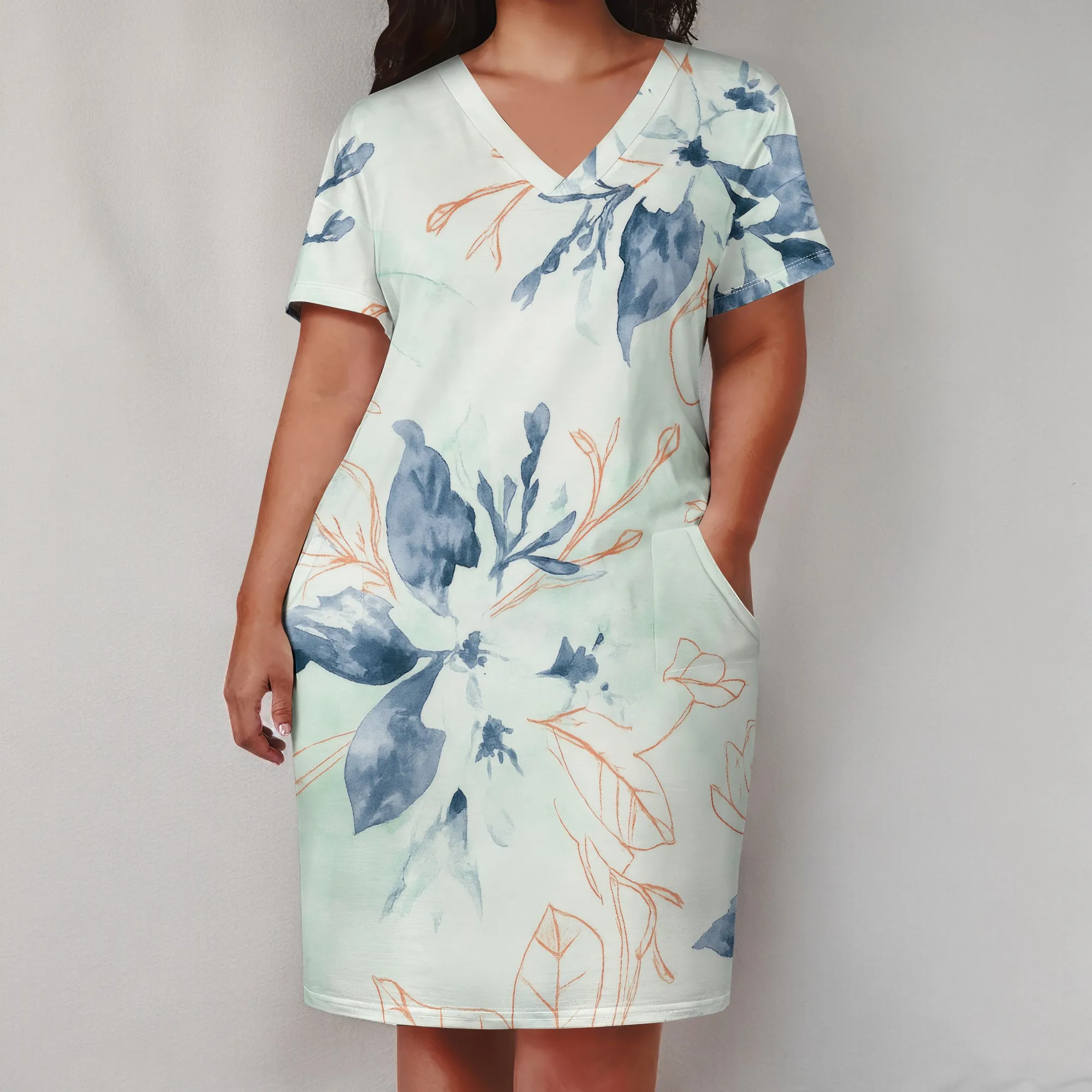 Plus Size Dresses for Curvy Women Oversize T Shirt Midi Dress Loose Short Sleeve V Neck Dress