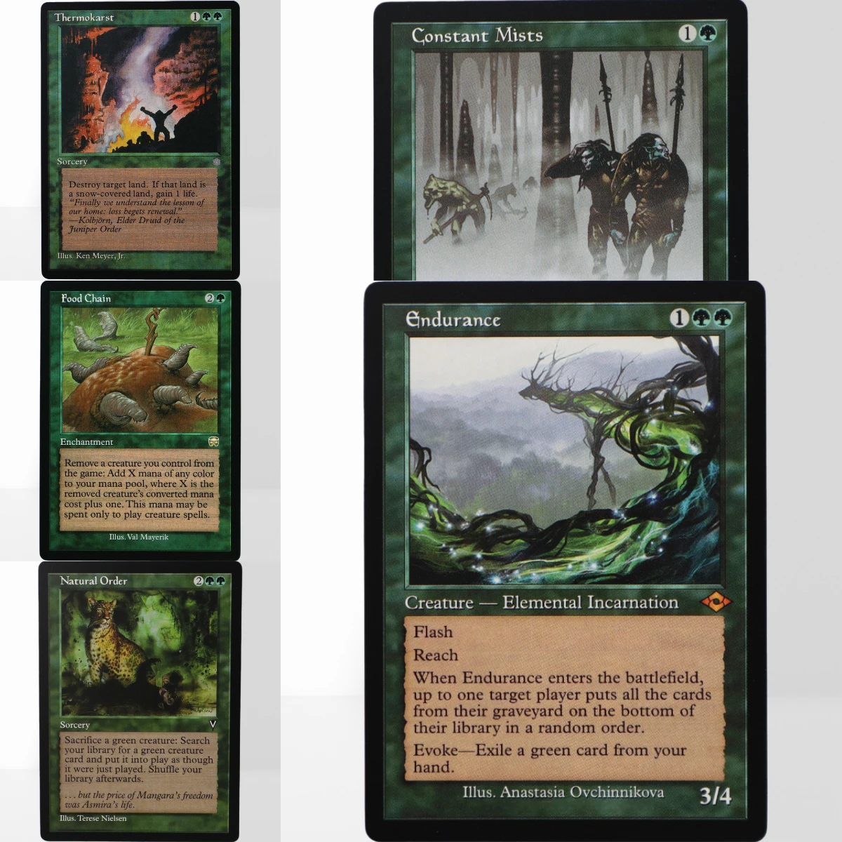 Tarjetas TCG Verdes Regulares TOP para Proxy Mágico: Burgeoning Constant Mists, Hermit Drui, Steely Resolve, Worldly Tutor, Food Chaind