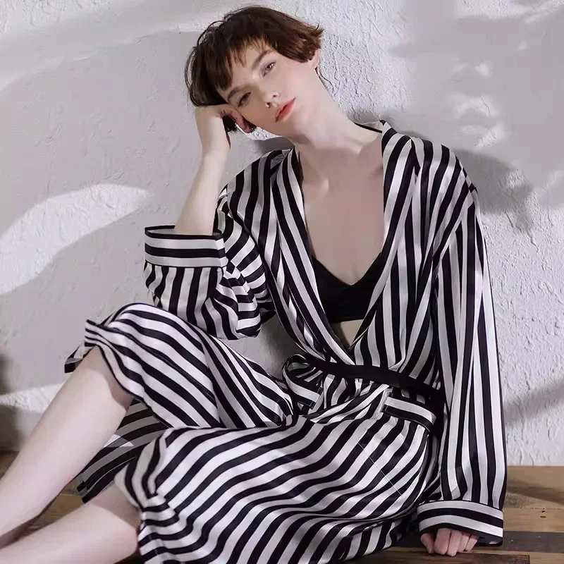 

Striped Pure Silk Midi Robe Sexy Kimono Pajama Long Sleeve Bathrobe Morning Gown Bridal Robes Ladies Home Dress Nightgown Pajama