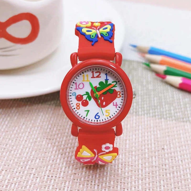 Relojes de pulsera con correa de mariposa de dibujos animados en 3D para niños y niñas pequeños, relojes digitales de calidad con cara de fresa roja