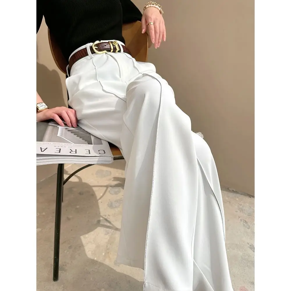 

Women's Suit Pants White Wide Leg Pants Spring Autumn High Waist Drape Design Floor Length Suit Pants Loose Straight Trousers