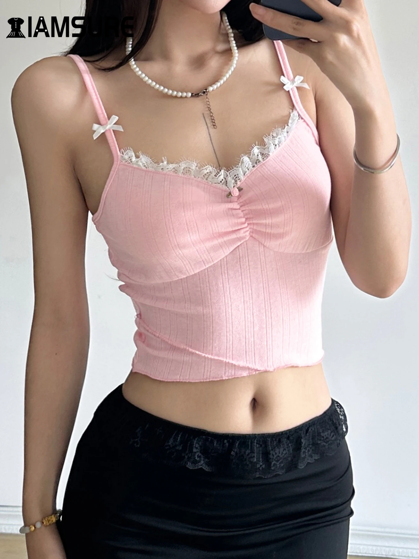 IAMSURE Sweet Solid Lace Trim Camis Top Slim Folds Bow V-Neck Sleeveless Tank Tops Women 2024 Summer Fashion Streetwear Ladies