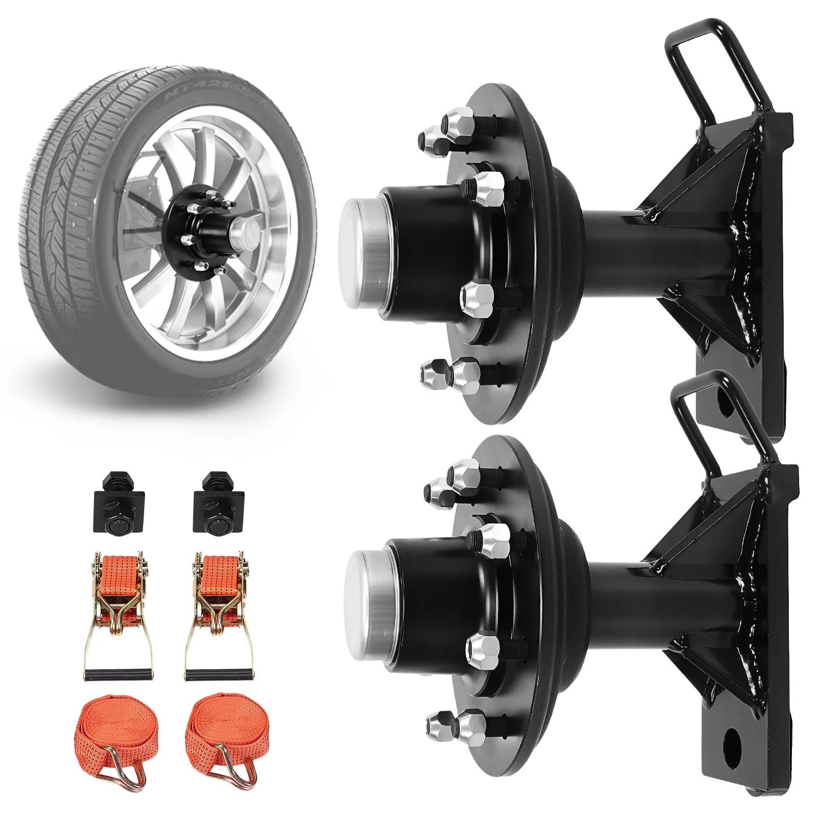 

2 Pack Shipping Container Wheels 8x6.5 Lug with Ratchet Strap Tie Down J Hook Container Wheel Shifting Tool Quick Disassembly