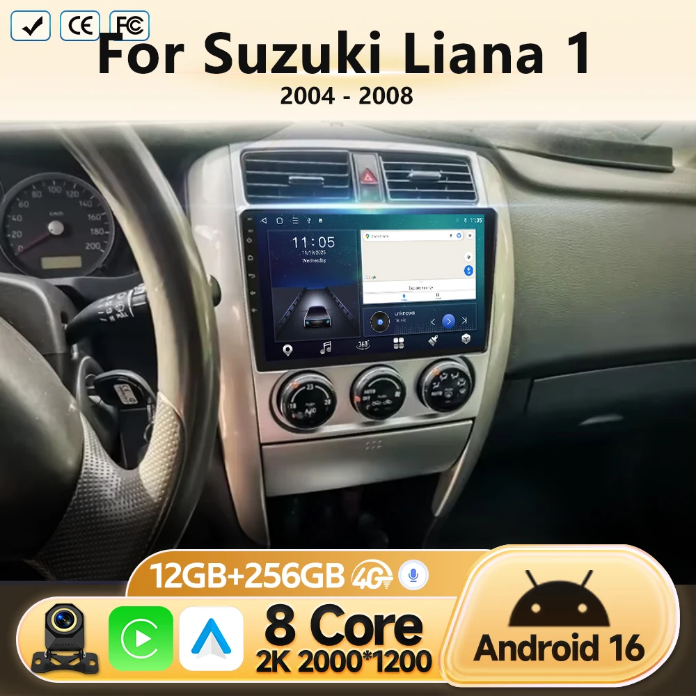 For Suzuki Liana 1 2004 - 2008 2K 12+256 QLED Android 16 CarPlay Car Radio Multimedia Video Player GPS Stereo Head Unit 4G WIFI