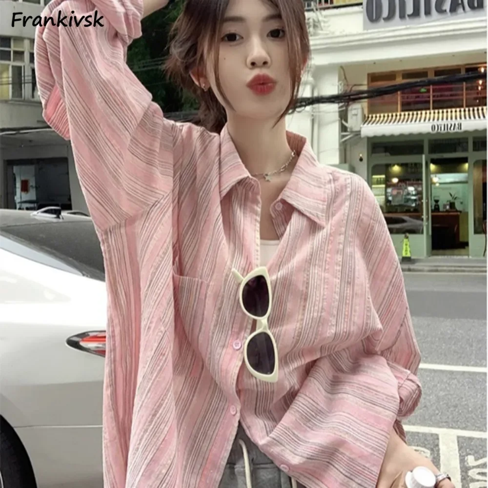 

Women Shirts Striped Thin Slouchy Popular Long Sleeve Sun-proof Outfit Fashion Young Hipster Loose Korean Style Tender Casual