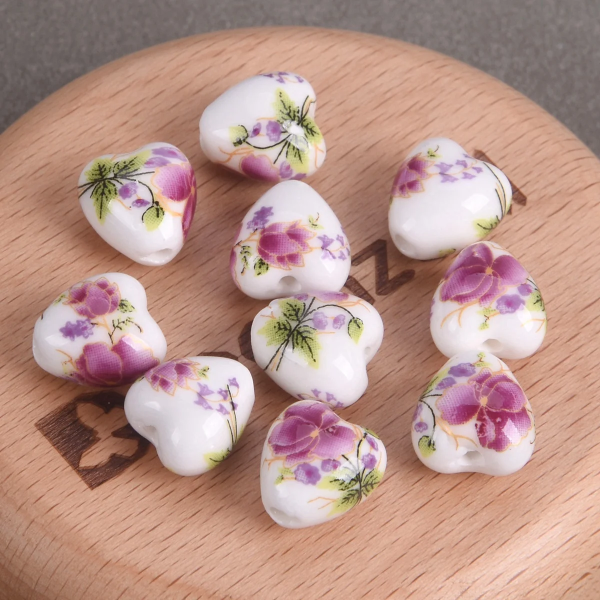 10pcs 13x12mm Heart Shape Flower Patterns Ceramic Porcelain Loose Crafts Beads For Jewelry Making DIY Findings