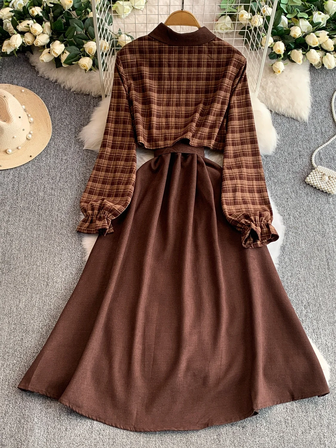 Retro Plaid irt Kragen Dr frauen Frühling Herbst Einzigen Taste Abnehmen Langen Rock Hohe Taille A-Line Dr Taste Verschluss