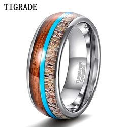 TIGRADE 8mm Mens Tungsten Wedding Rings Real Malachite/Antler/Wood Inlay Silver Tungsten Carbide Ring Engagement Band Beveled
