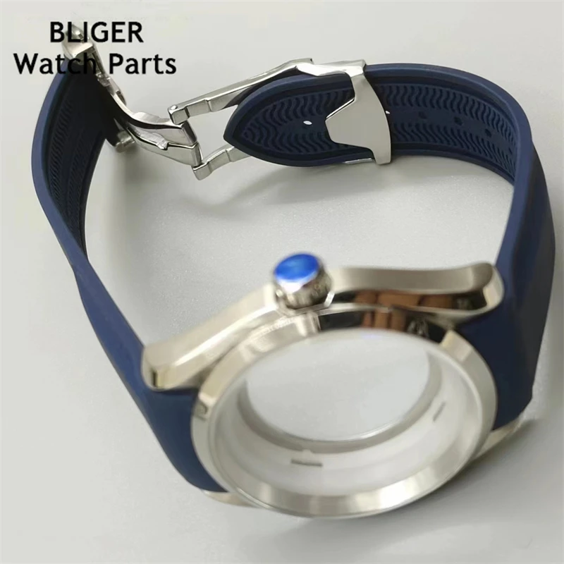 BLIGER 40 مللي متر حافظة ساعة دوارة زجاج الياقوت أسود أزرق حزام مطاطي مناسب لحركة NH35 NH36