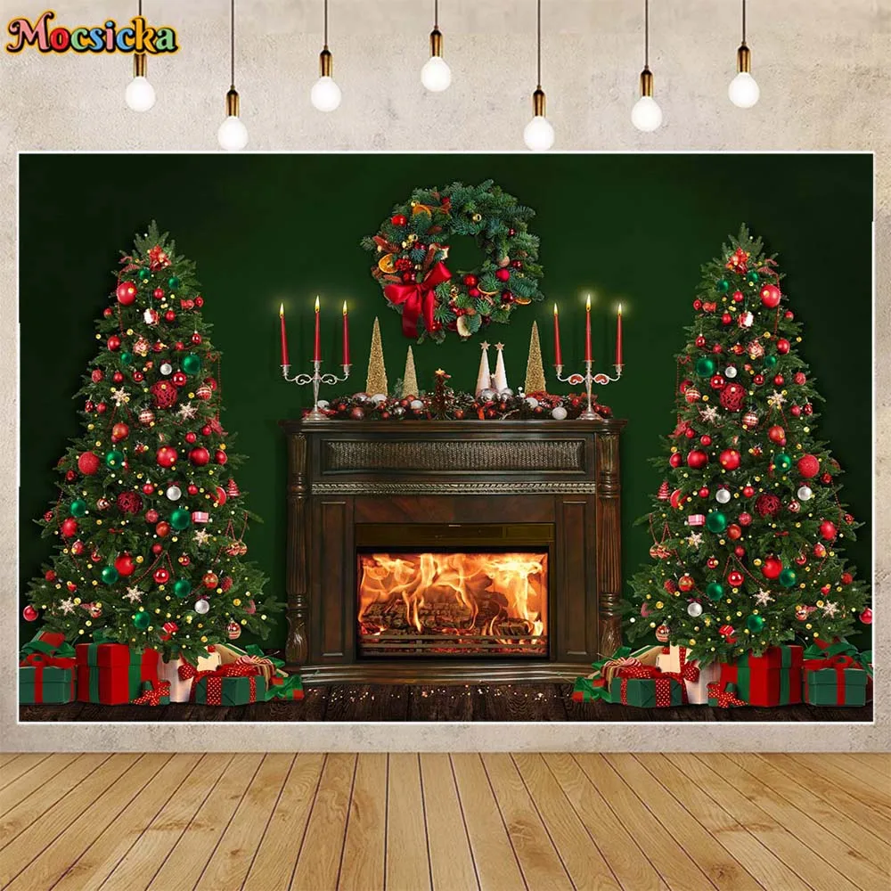 

Mocsicka Green Wall Christmas Photography Backdrops Fireplace Xmas Tree Wreath Family Portrait Background Photocall Photo Studio