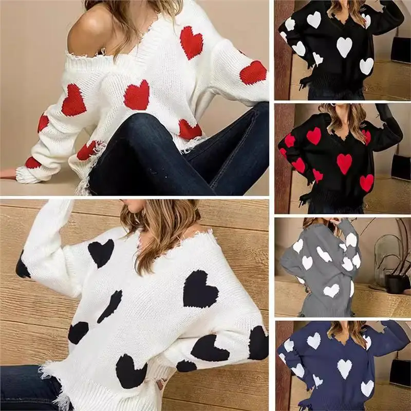 

Свободный женский вязаный свитер V-Ne Splicing Vntine's Day Heart Pattern Осень-зима Новый Sle Long Sve Commute Faion