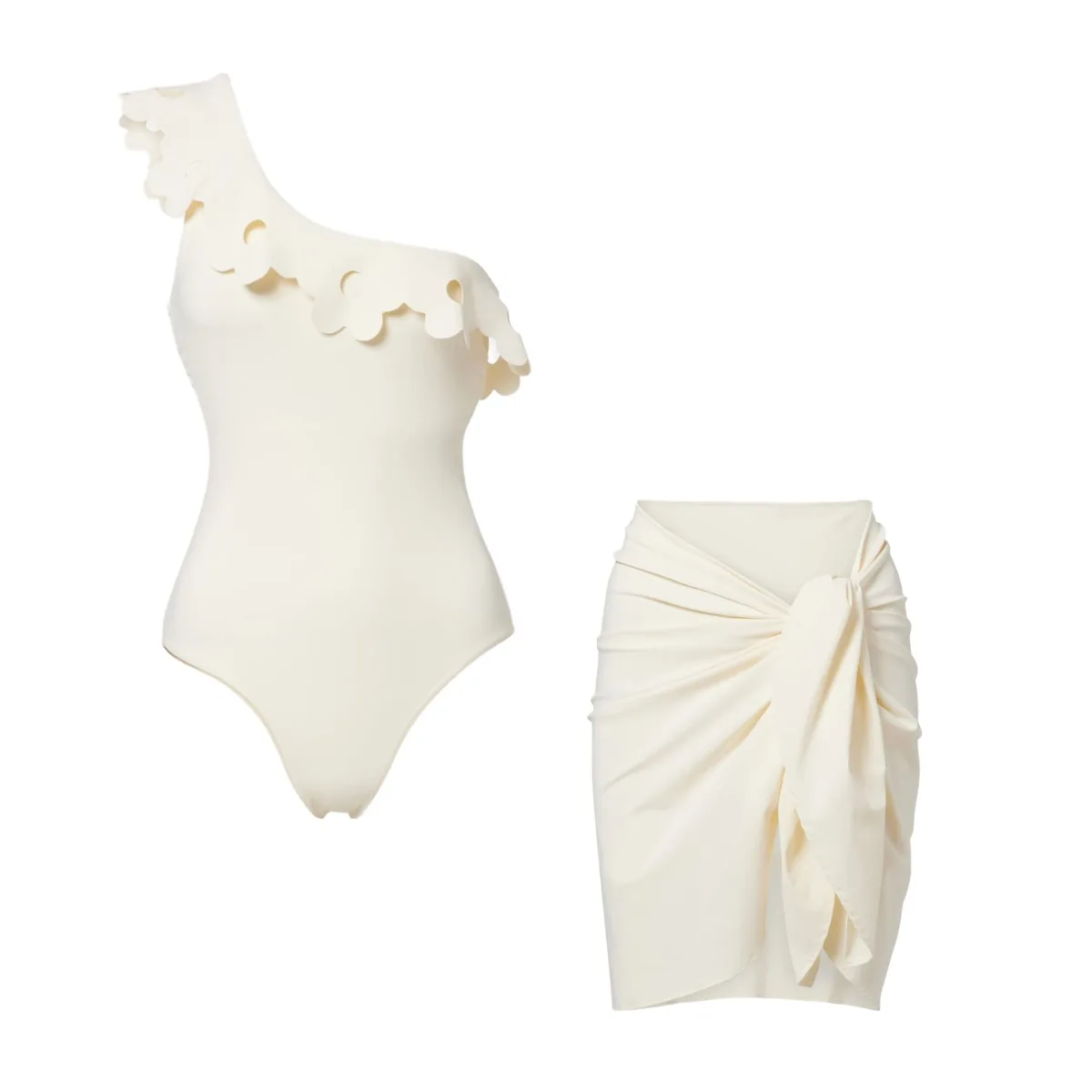 2026 Women 2‑Piece One‑Shoulder Scalloped One‑Piece Swimsuit Twist Knot Wrap Short Skirt Cover‑Up Beach Vacation Swimwear Set