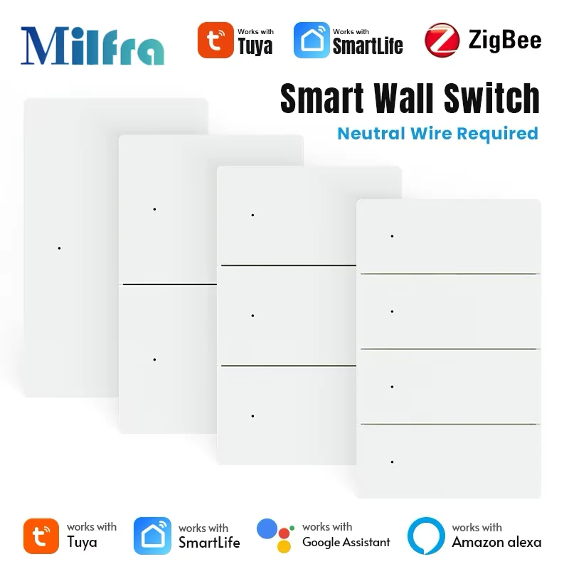 Milfra Smart Switch Zigbee WIFI Light Switch 1/2/3/4/6 Gang Voice Control Work With Alexa Google Home Tuya Control With Neutral