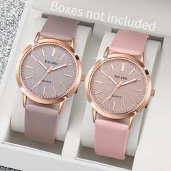 2PCs/Set Korean Women's Watch Fashion Versatile Leather Strap Grey Pink Twin Watch