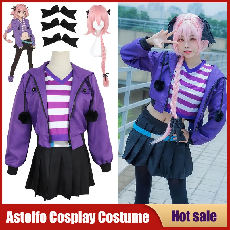 

Anime Fate/Apocrypha Cosplay Costume Game Fate/GrandOrder Astolfo Casual Outwear Daily Purple Sports Wig Coat Skirt Stocking Set