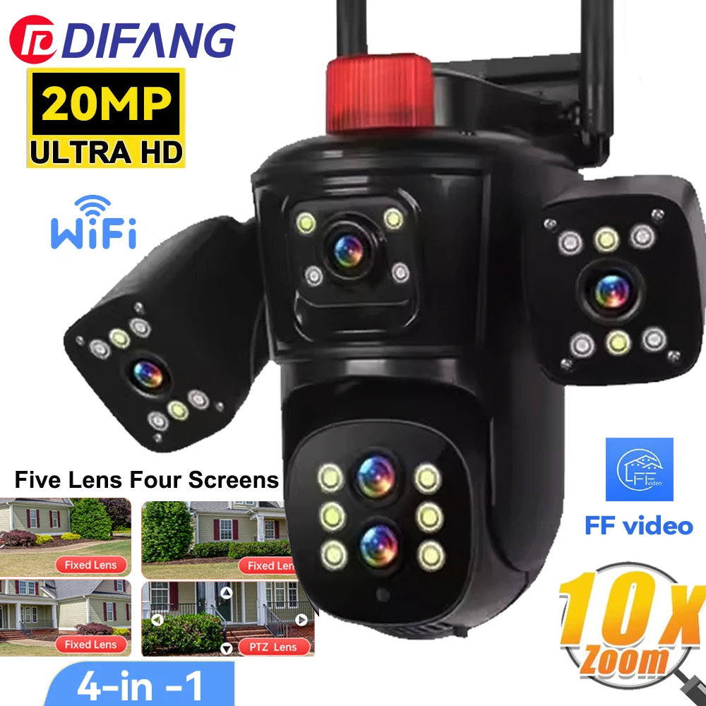 10K WiFi Camera 20MP Wireless Outdoor 10X Zoom Four Screen 720° PTZ Automatic Tracking Smart Home Waterproof Security Camera