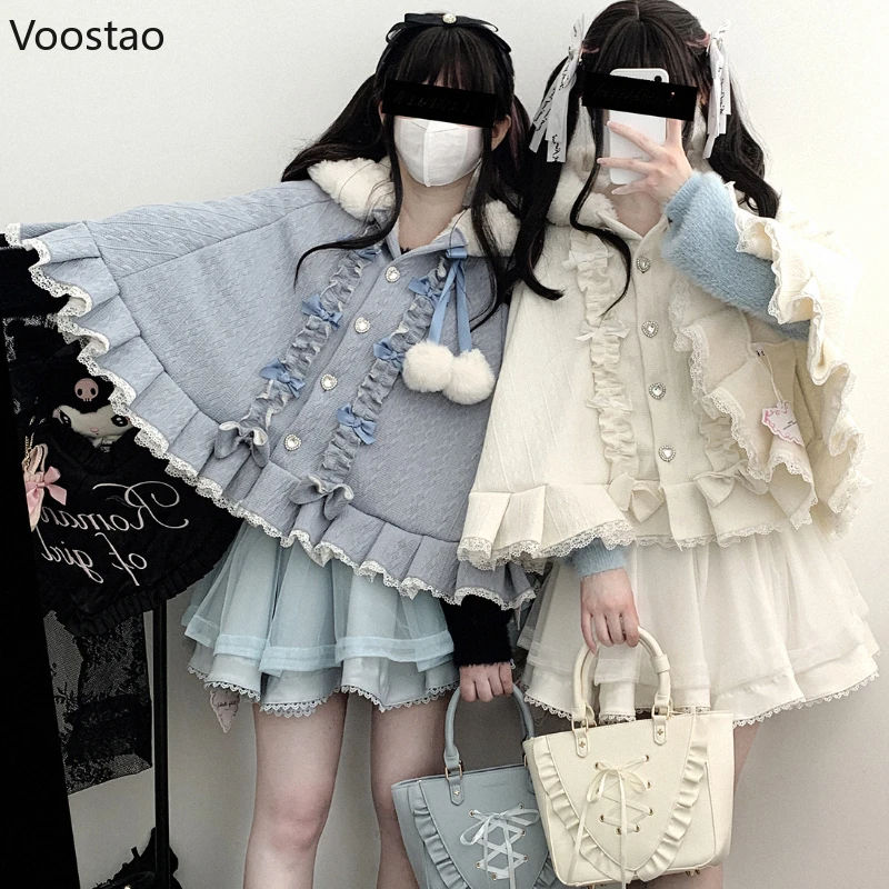 Japanese Sweet Lolita Style Capes Jackets Women Kawaii Warm Plush Bow Ruffles Hooded Coats Autumn Winter Vintage Cloak Outerwear