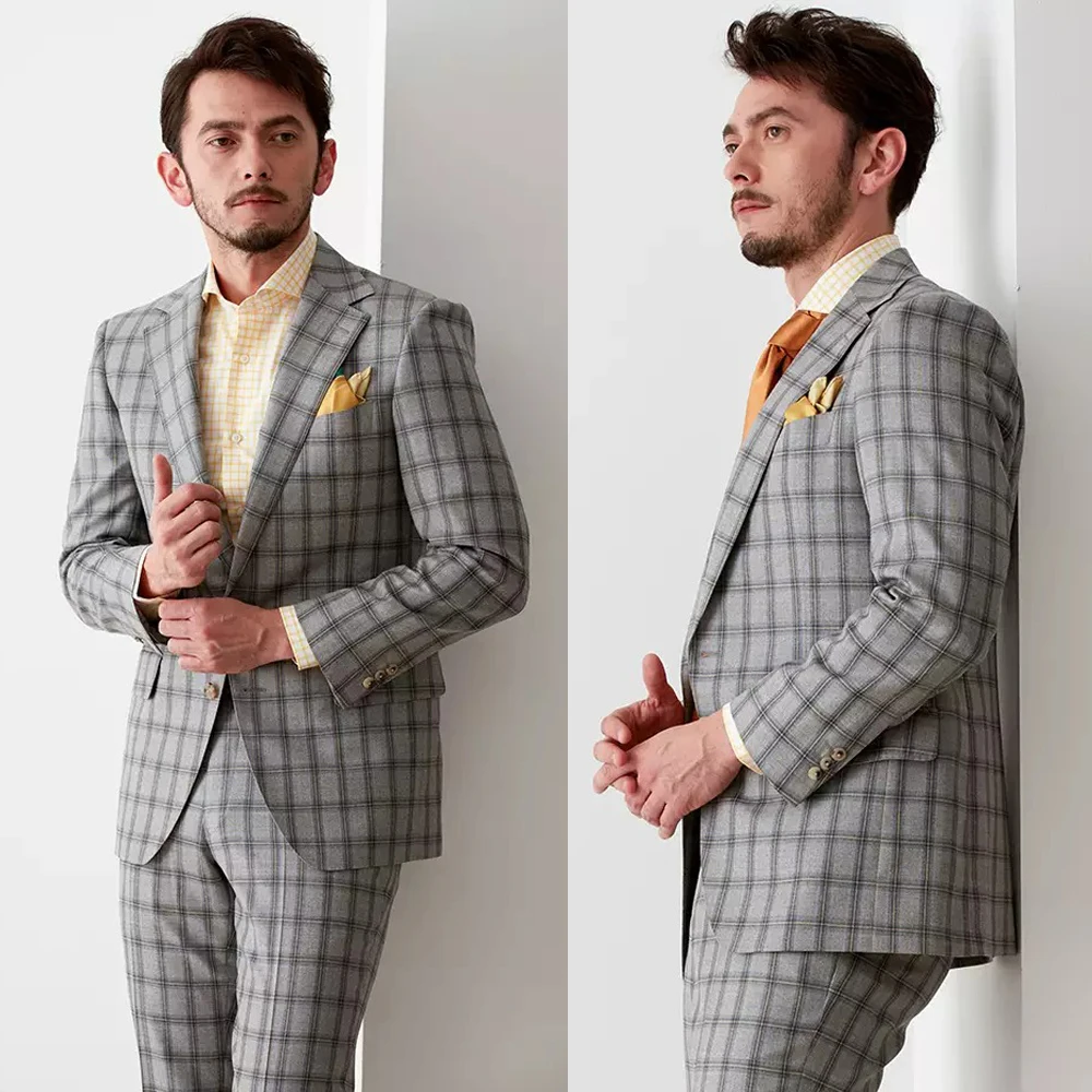 Plaid British Wedding Suits For Groom Notched Lapel Single Breasted Tuxedos 2 Pcs Jacket Pants Evening Party Customized