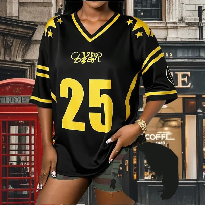 

25/26 Women'S Soccer Jersey T-Shirt with Digital Print V-Neck Loose Sports Short Sleeved Yellow Black Contrasting Casual Top Tee