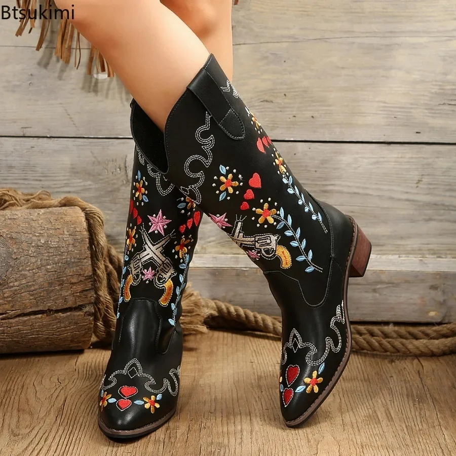 New 2024 Women\'s Fashion Embroidered High Boots Western Cowboy Boots Women Chunky Heels Ethnic Pointed Leather Boot Botas Mujer