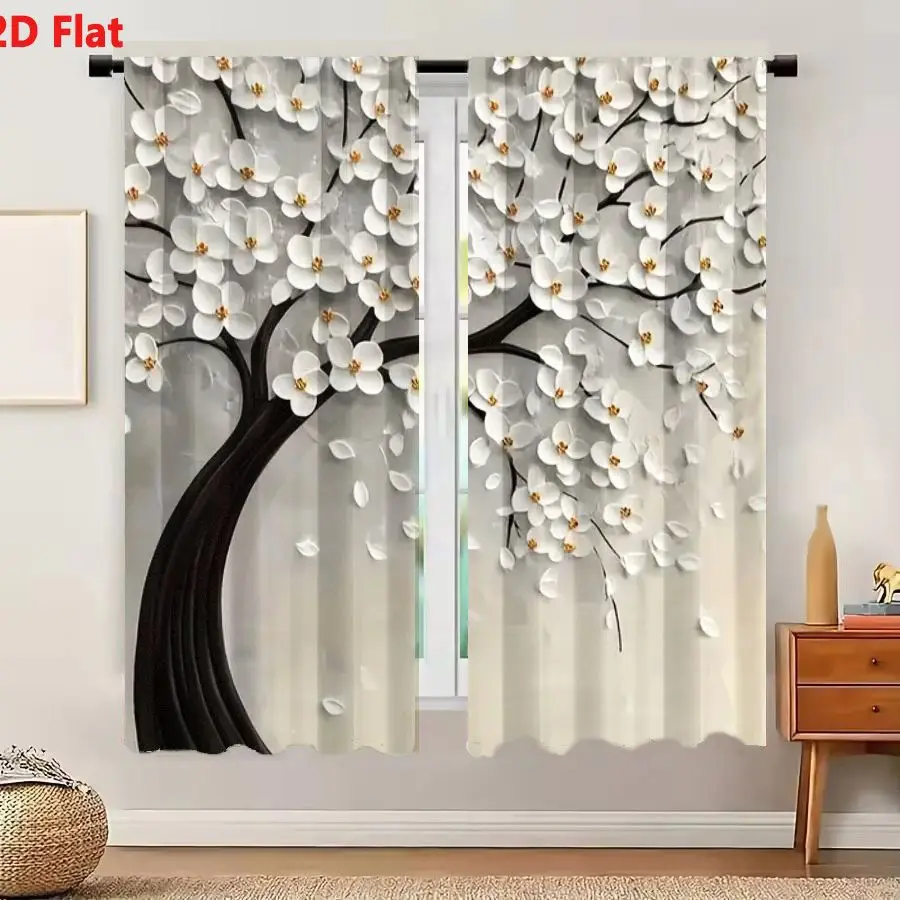 2Pcs Curtains 2D Flat Artistic Tree With Dark Brown Twisting Trunk White Flowers Delicate Petals Yellow Center Light Gray Backgr