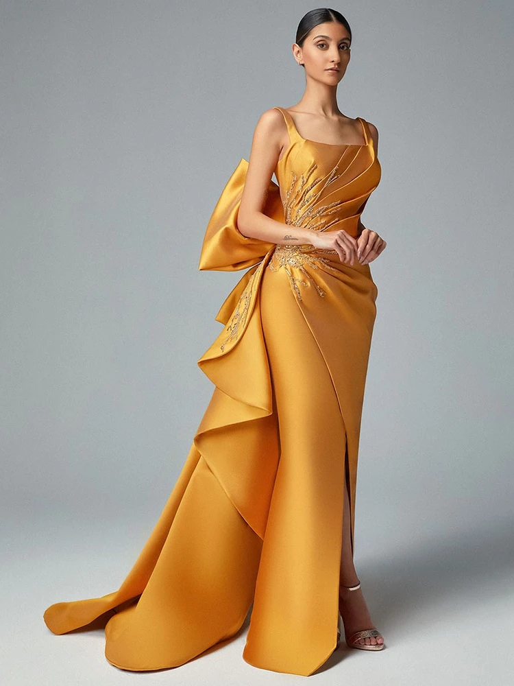 Vestidos de graduación plisados con espalda descubierta y lazo grande, Vestidos de fiesta con cuentas, satén amarillo elegante, cuello cuadrado, Vestidos de noche formales para ocasiones, 2023