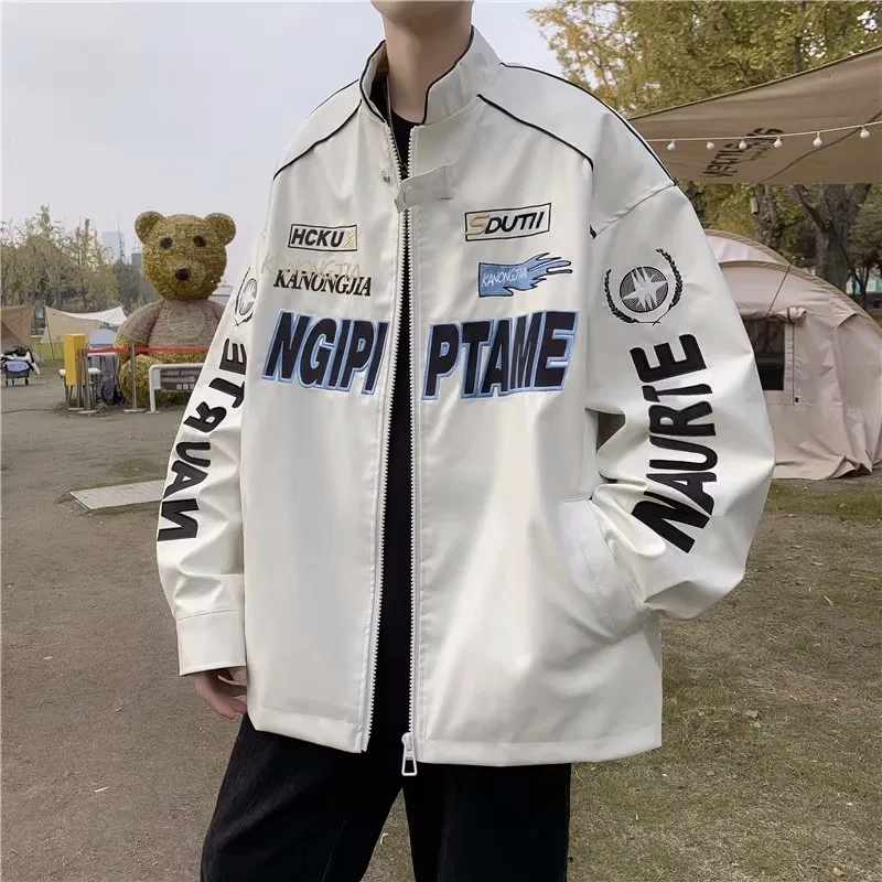 American Punk Racing Jacket Men Autumn Street Handsome Bomber Jacket Hiphop Motorcycle Jackets Oversize Letter Embroidered Coat