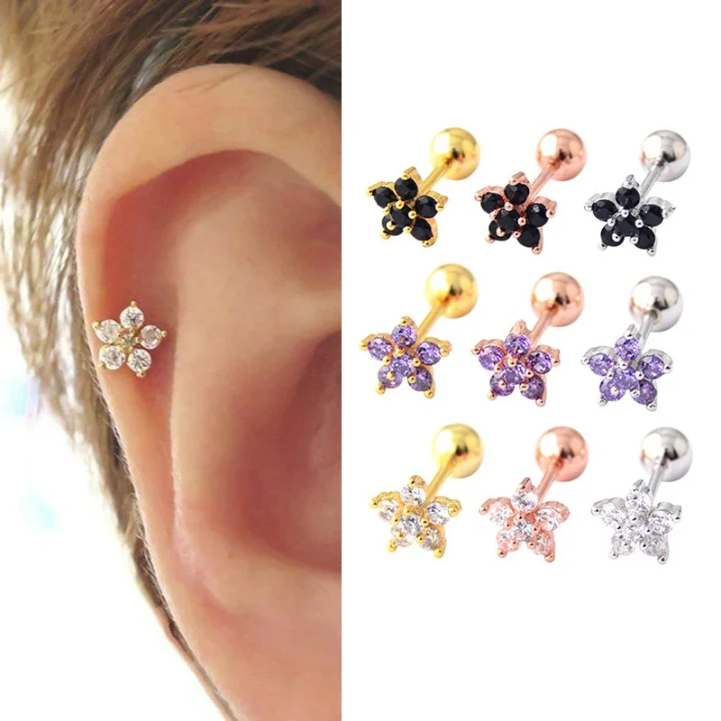 1 Pcs Minimalist Tiny Stainless Steel Cartilage Stud Earring Cubic Zircon Pentagram Flower Small Piercing Ear Jewelry Accessory