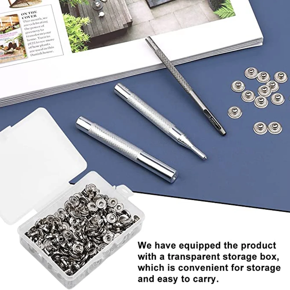 50 set Kit pengencang jepret kulit, jepret logam hitam, jepret kanvas perahu baja tahan karat untuk menjahit pakaian perak