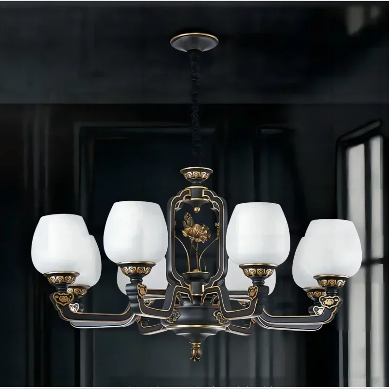 American Style Living Room Pendant LED Light Source Luxury Brass Dining Bedroom Rural Retro Modern Simple Black New Chinese Lamp
