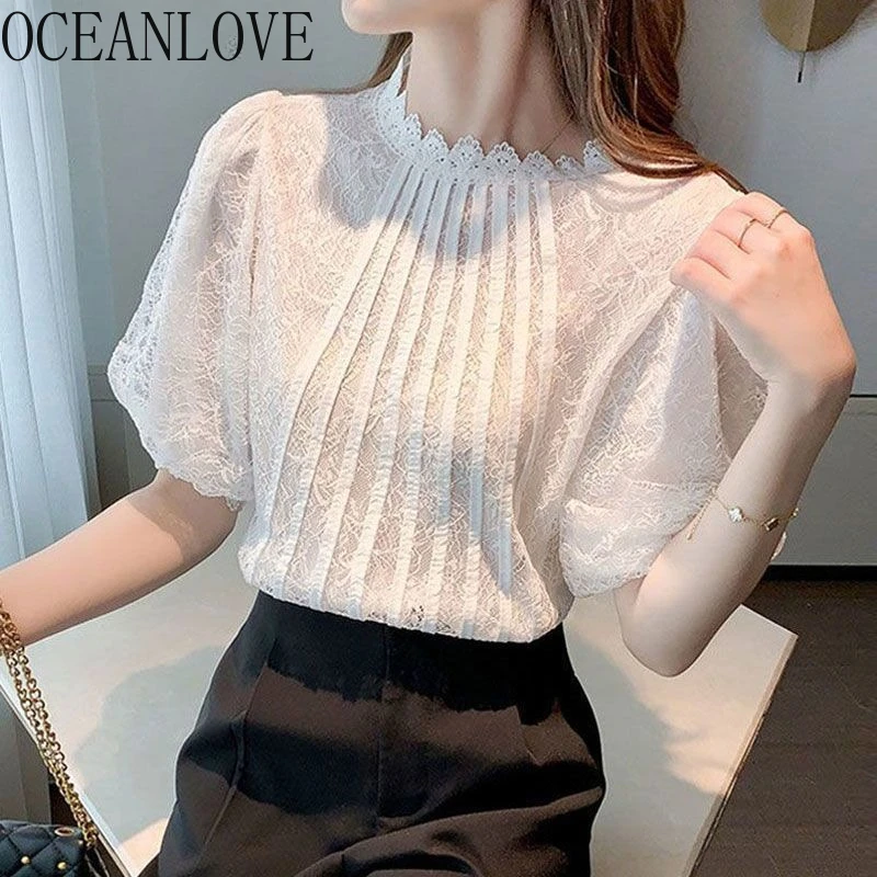 

OCEANLOVE Lace Shirts&blouses Women Tops Puff Sleeve Solid Spring Summer Blusas Mujer Korean Fashion Elegant Chic Camisas
