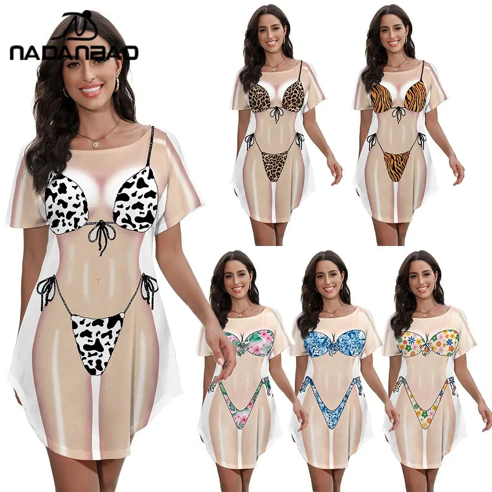 

Nadanbao Cow Print Bikini T-shirt Dress Funny Beach Cover-up Dress for Women Fashion Baggy Beachwear Summer Short Sleeved Shirt