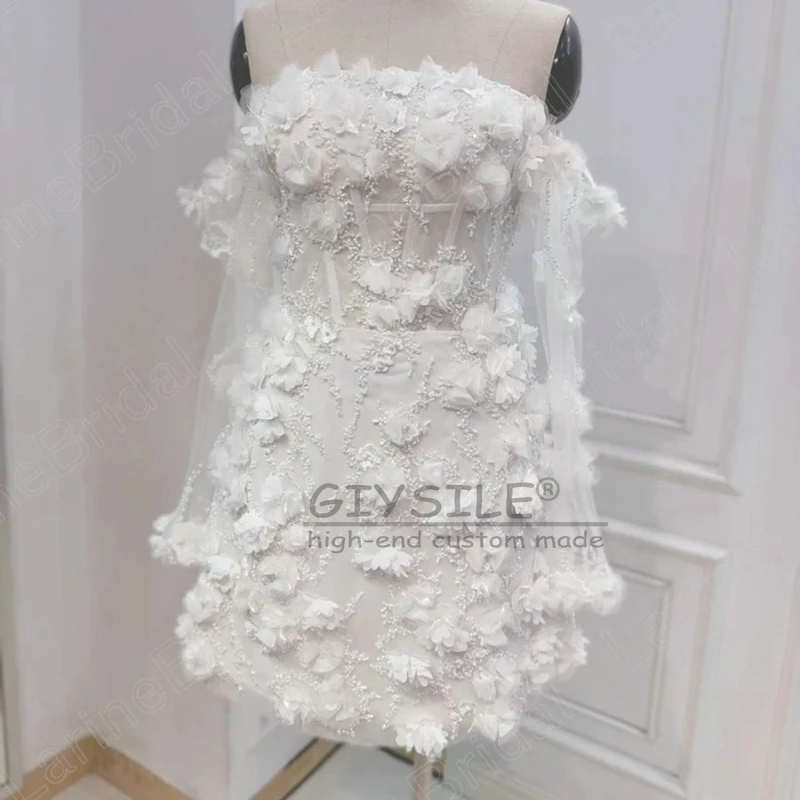GIYSILE ที่กําหนดเองน่ารักที่ไม่มีสายหนังมินิชุดแต่งงานสีขาว 3D ดอกไม้ลูกไม้ชุดถุงมือสั้น Mermaid Prom Gowns