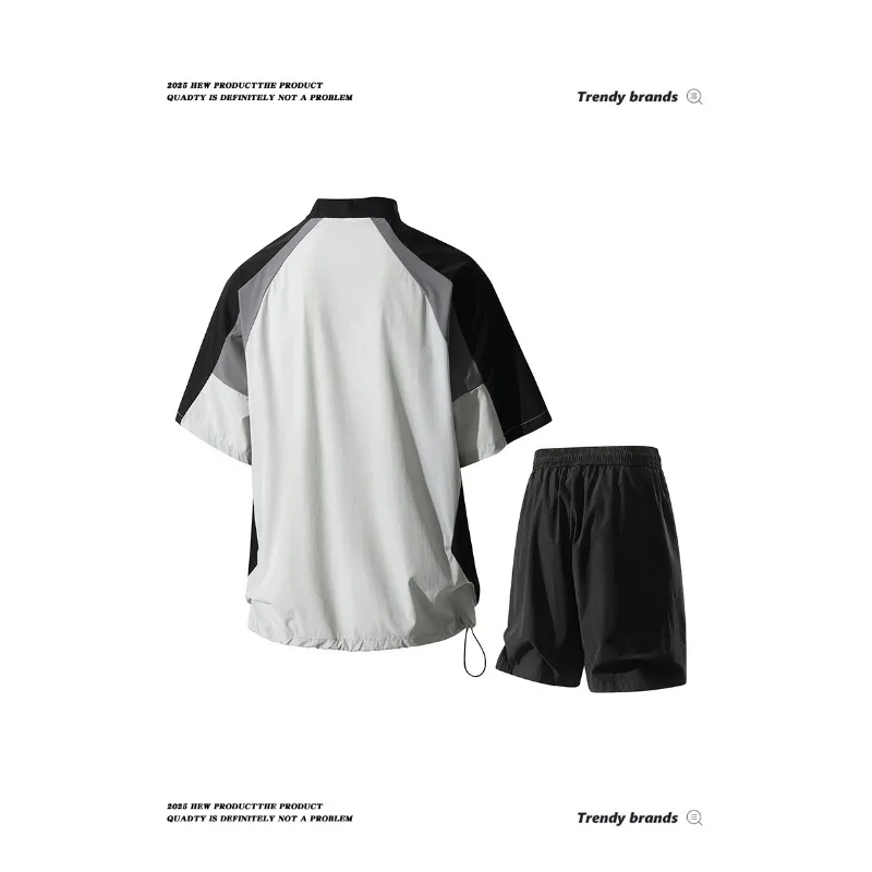 Men's Contrast Color Short Sleeve Pullover Casual Turtle Top Elastic High Waist Shorts Fashion Suit