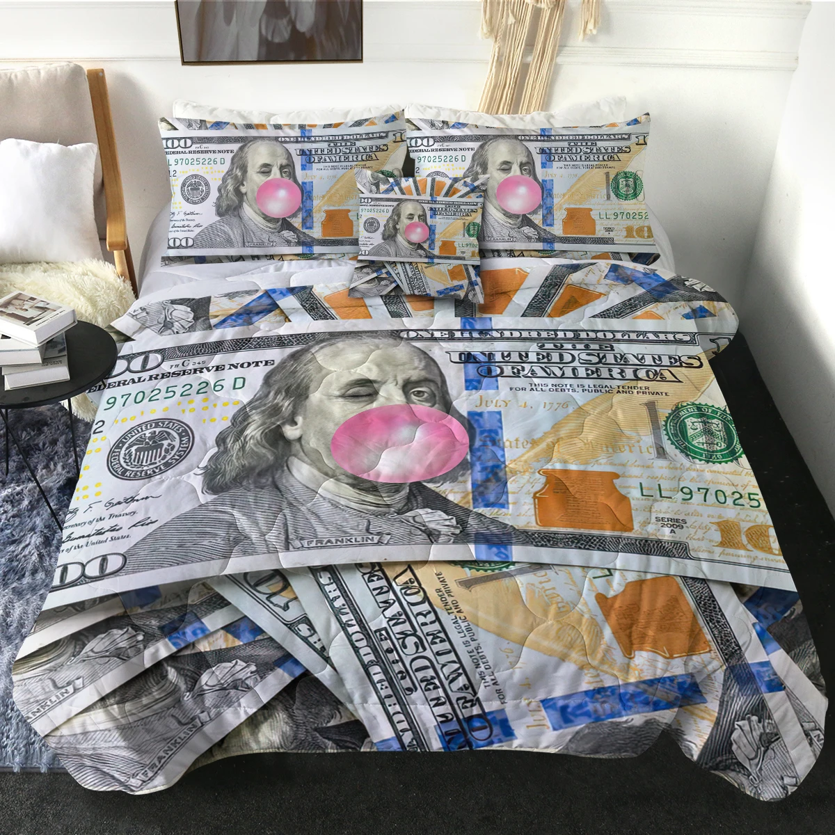 Unique Dollar Bill with Pink Bubble Design Quilt Set with Two Pillowcases and One Cushion Cover Modern Bedspread Home Decor