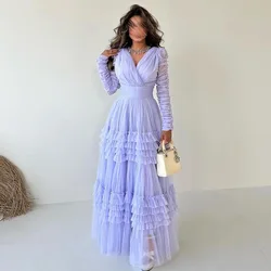 FORMALS Long Sleeve Lavender Long Evening Dress Ruffled Ruffled Women Clothing V-neck Ever Pretty Fluffy Prom Dresses Plus Size