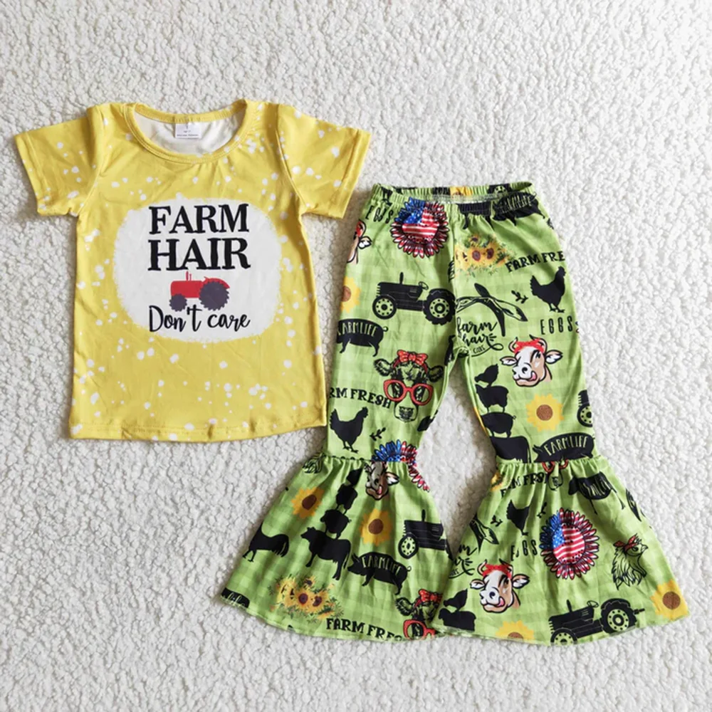 

Baby girls farm design tractor bell pants clothing sets