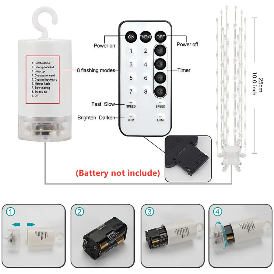 Guirnalda de luces LED para decoración navideña, iluminación creativa para ducha de meteoros, funciona con pilas, para jardín al aire libre, impermeable, 112led