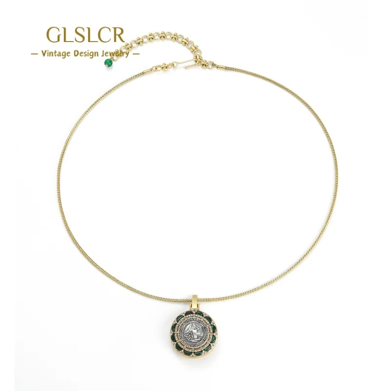 

Vintage Beauty Head Ancient Coin Pendant Necklace Green Glaze For Women Roound Jewelry Trends 2025 Hollow Designer Party New