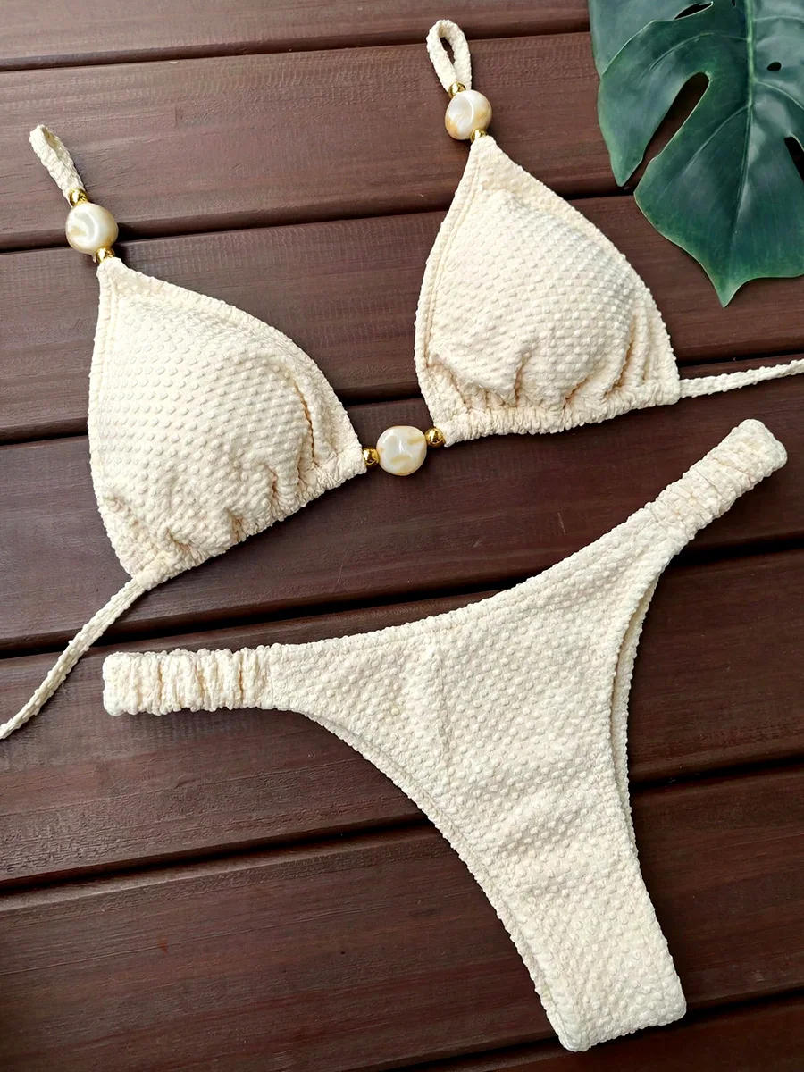 Geknitterter Neckholder-Bikini mit Perlen, zweiteiliger Damen-Badeanzug, brasilianisches Bikini-Set, Bademode