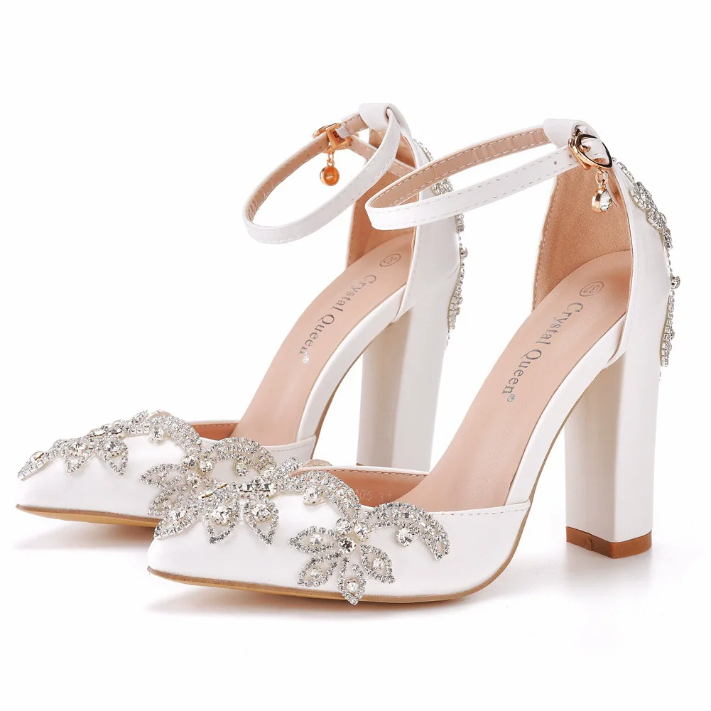

Spring and summer pointed toe hollow color rhinestone white PU wedding shoes banquet square heel high-heeled women's sandals