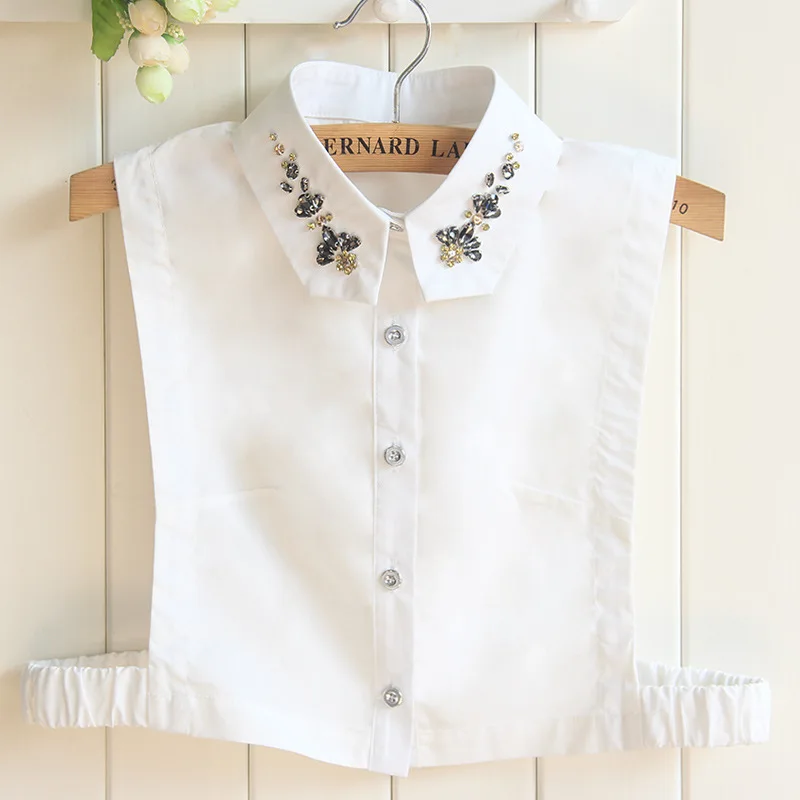 Mujer 2025 coreano nuevo con cuentas cuello falso media camisa Otoño Invierno negro blanco Denim Rhinestone