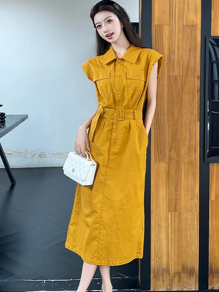 

2025 Новое однотонное льняное платье-рубашка без рукавов с воротником-поло, женское элегантное бандажное платье в стиле сафари, летние шикарные платья со свободной талией