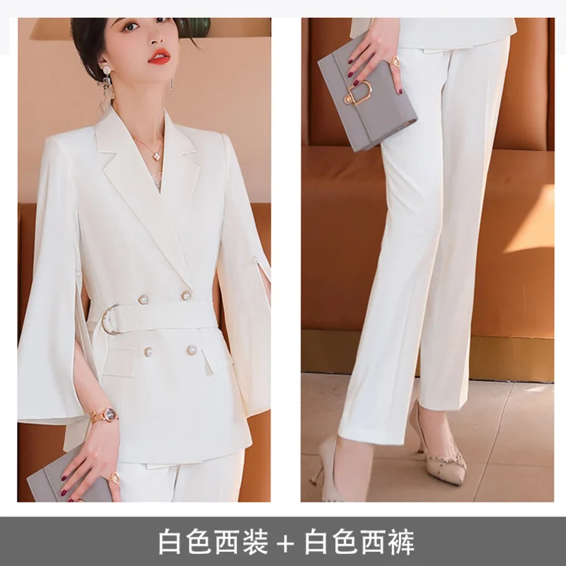 Women Elegant Pant Suit Split Three Quarter Sleeve With Belt Blazer Coat And Pencil Pant Fashion Two Pieces Set 4XL