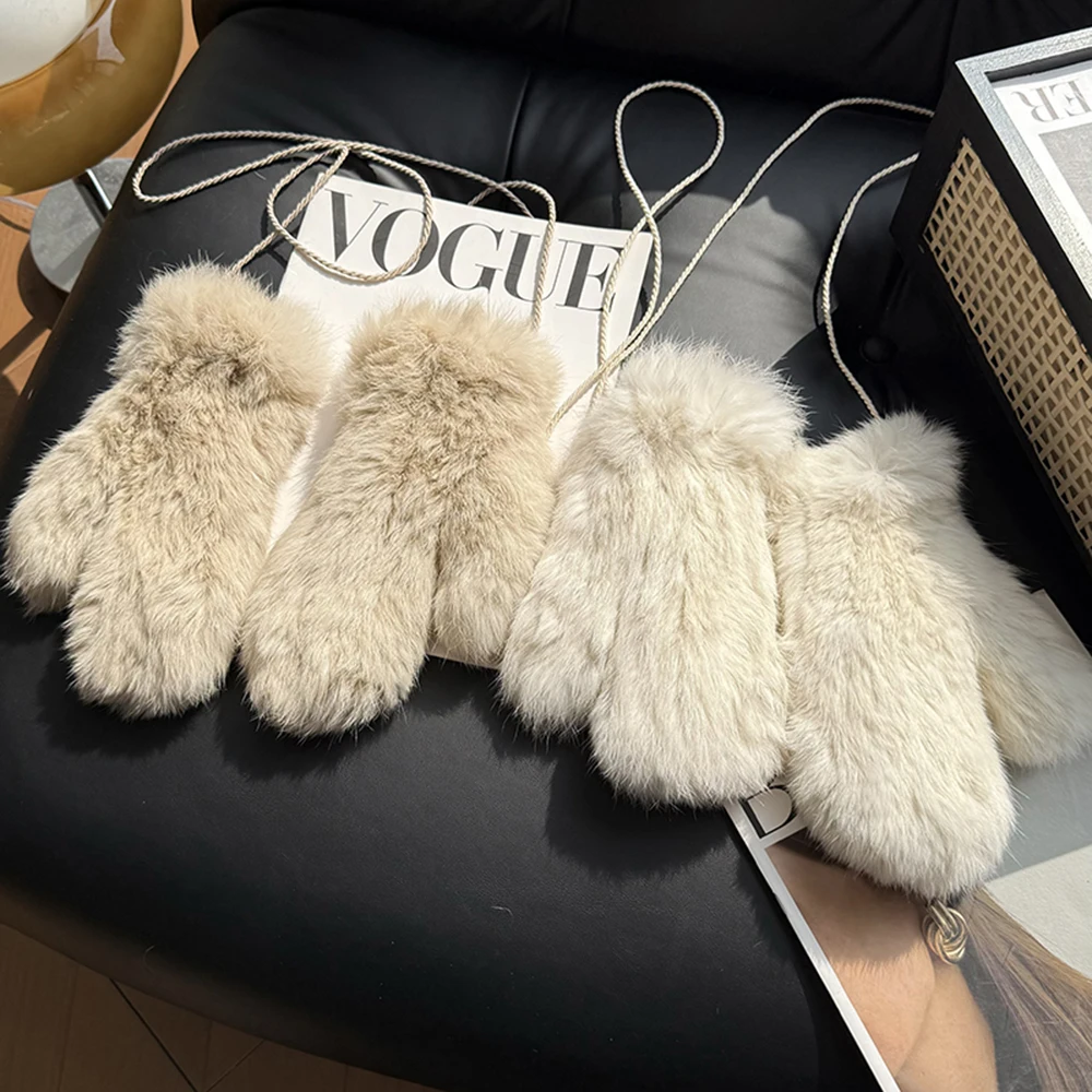 Women's Winter Real Rex Rabbit Fur Gloves Warm Thick Ladies Fur Mittens Elastic Girls Ski Glove Mitts Elastic Soft With String