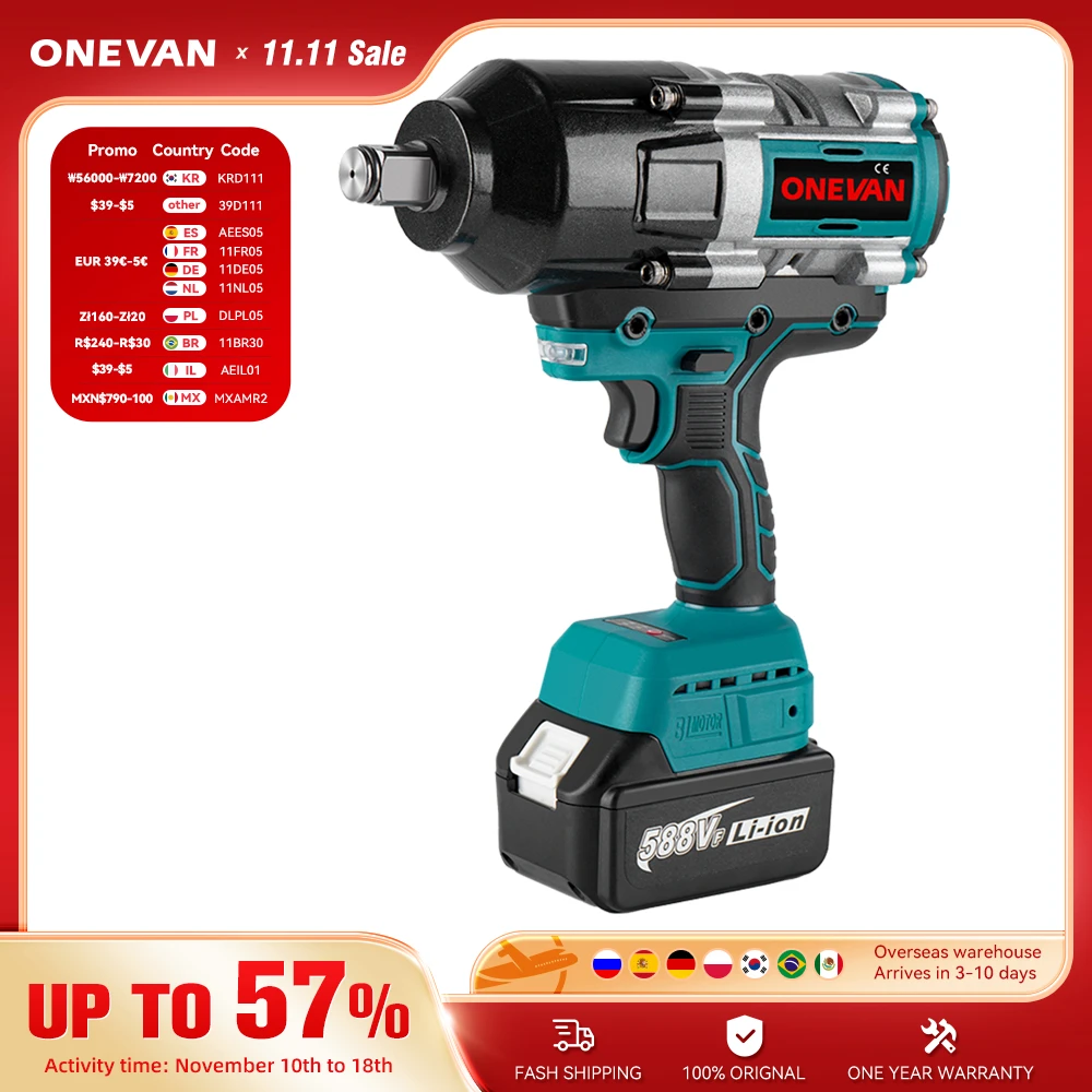 ONEVAN 3100N.M Torque Brushless Electric Impact Wrench Cordless Wrench Screwdriver Socket Power Tools For Makita 18V Battery